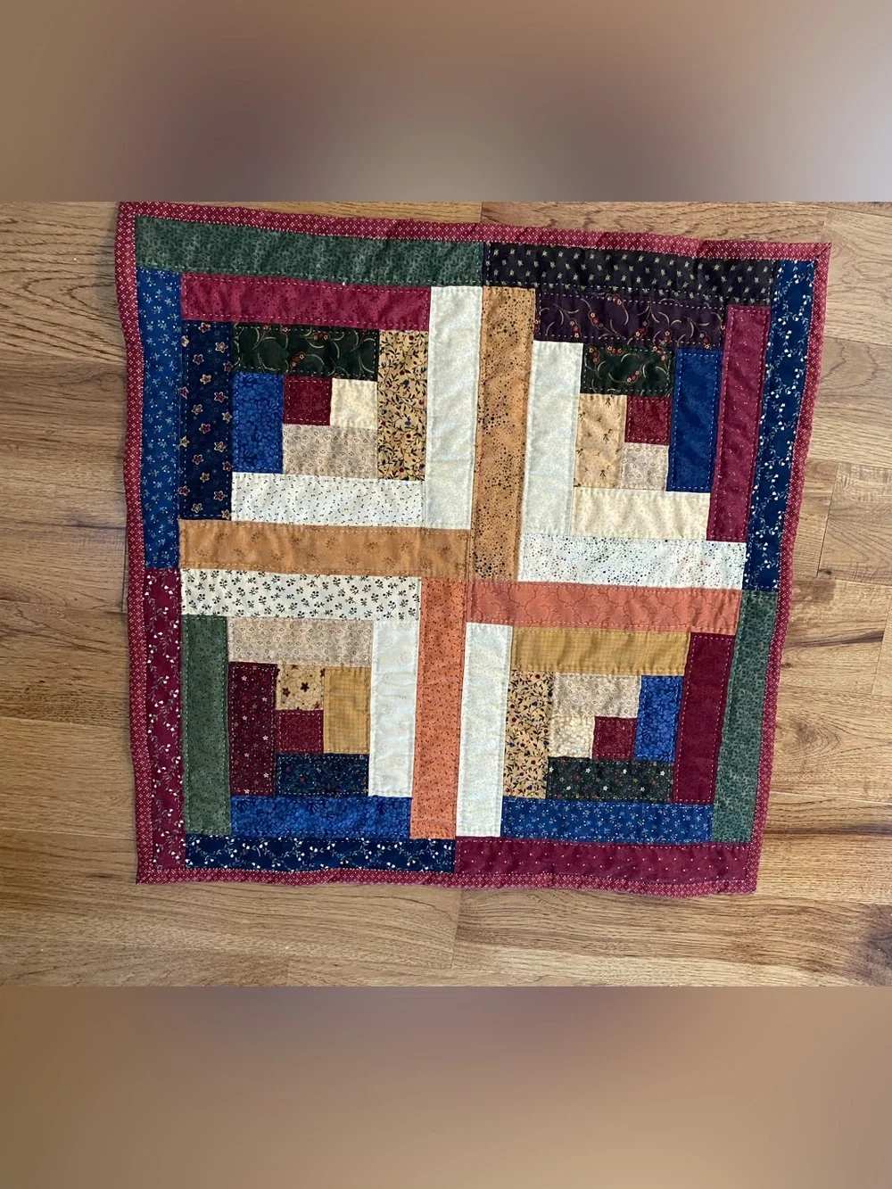 Handmade Log Cabin Table Topper - Multicolor Quilted Table Topper